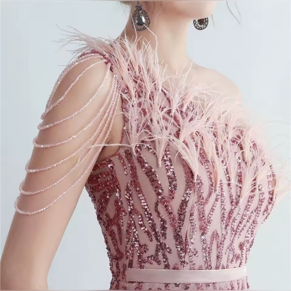 Lotus Pink, Assymmetrical Beaded, Ostrich Feathers, Geo Print, Sequined Gown - Picture 7 of 13
